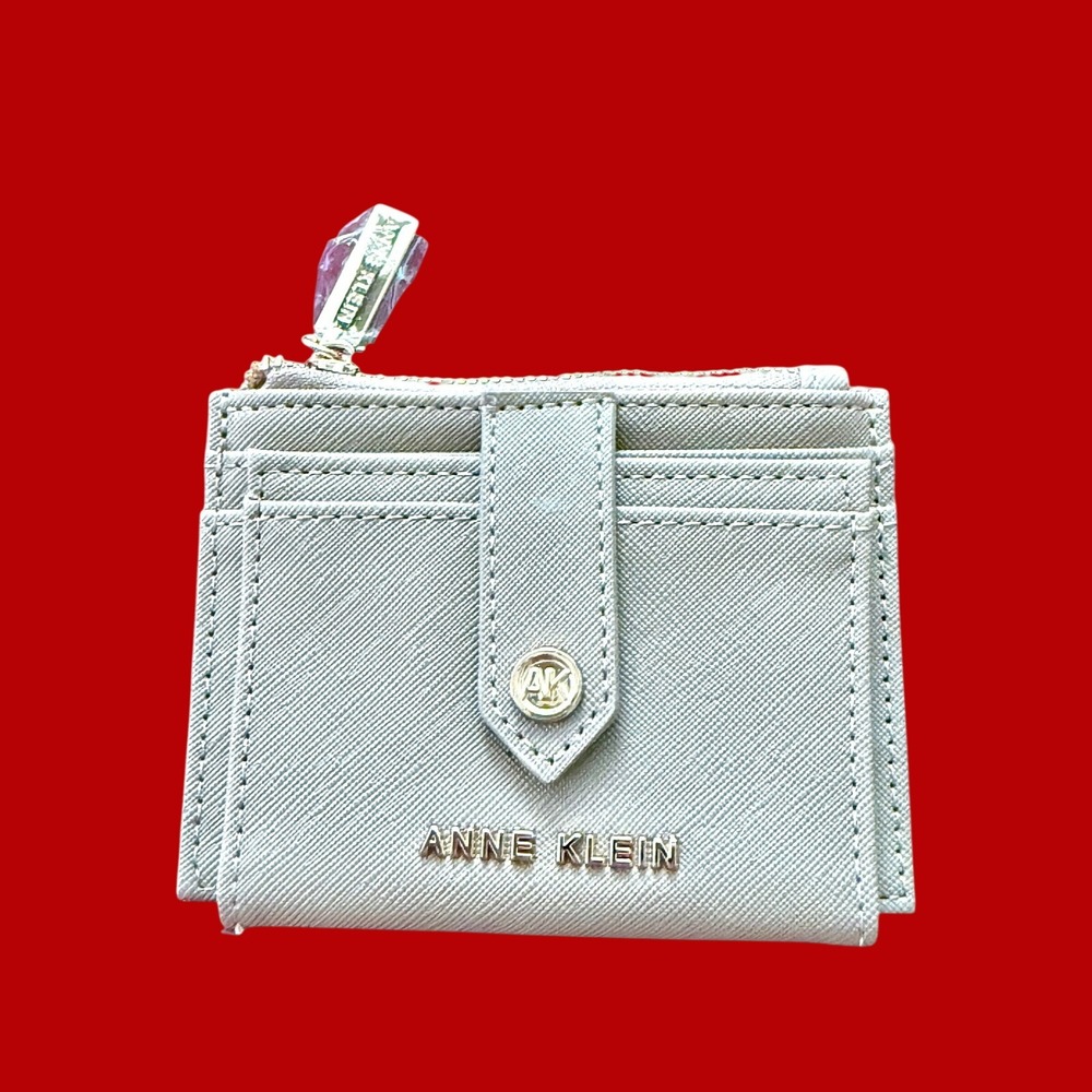 NEW Anne Klein Light Grey Card Case Zip Wallet Gold Hardware